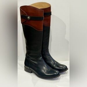 Frye Molly Button Tall Riding Boots Womens Size 6 B Black/Brown Leather Side Zip